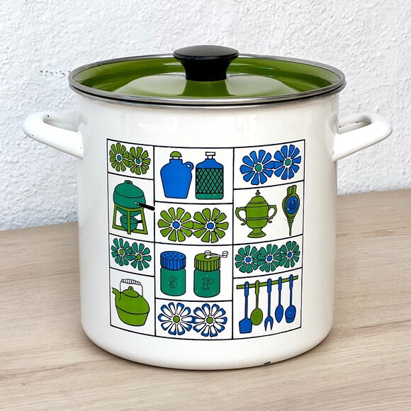 Vintage 70s Enamelware 4 Quart Stock Pot Blue & Green Flower Retro Kitchen Ware - Picture 1 of 16